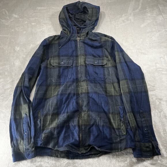 Kavu Jacket Mens Medium Blue Plaid Stripe Hooded Full Zip Cotton Flannel Shirt - Picture 1 of 12
